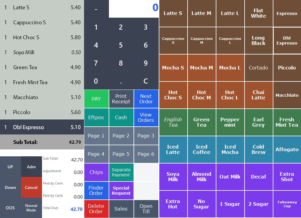 LocalPOS main checkout screen showing the order list, numeric pad, and colour-coded product buttons