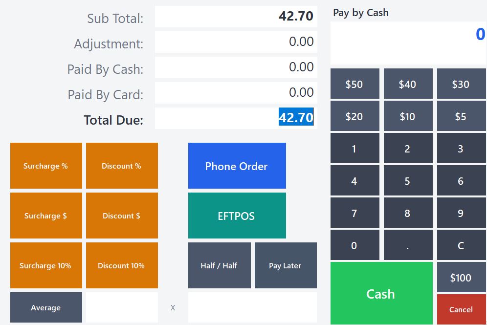 LocalPOS payment screen with cash tendering, EFTPOS, split payment, and discount/surcharge buttons